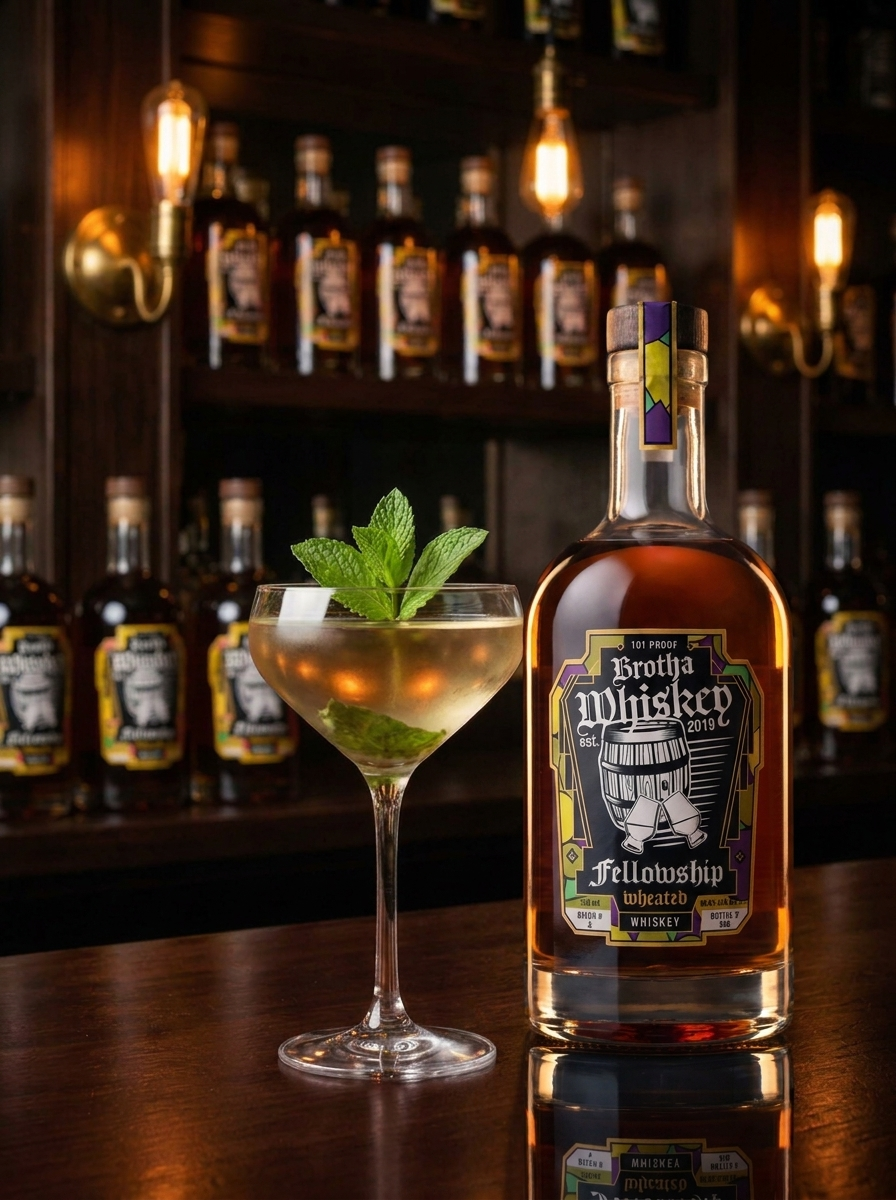 The Mint Condition cocktail in an absinthe-rinsed glass with mint, beside a Brotha Whiskey bottle in a speakeasy